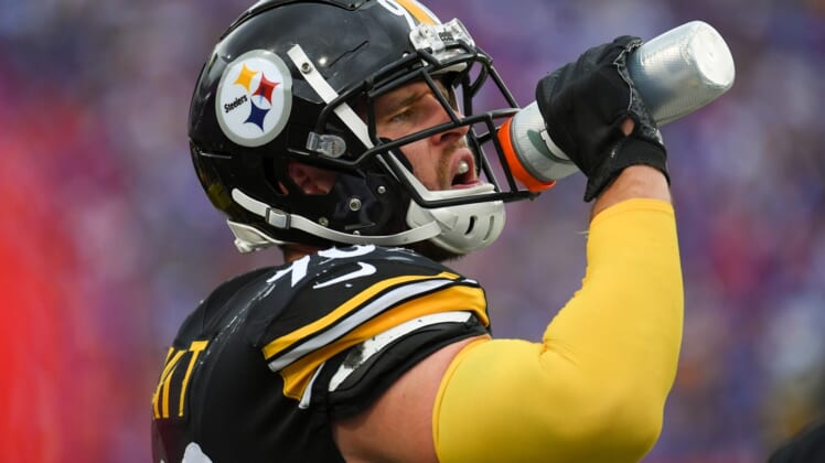 Sep 12, 2021; Orchard Park, New York, USA; Pittsburgh Steelers outside linebacker T.J. Watt (90) takes a drink against the Buffalo Bills during the second half at Highmark Stadium. Mandatory Credit: Rich Barnes-USA TODAY Sports