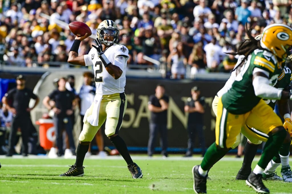 Sep 12, 2021; Jacksonville, Florida, USA;  New Orleans Saints quarterback Jameis Winston (2) throws from the pocket during the first quarter against the Green Bay Packers at TIAA Bank Field. Mandatory Credit: Tommy Gilligan-USA TODAY Sports