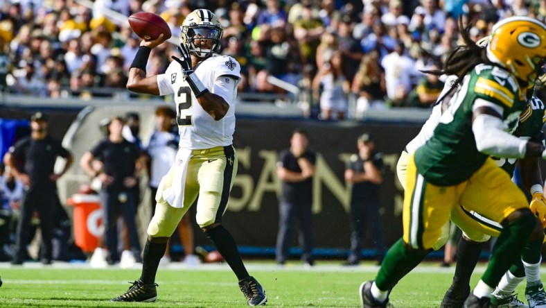 Sep 12, 2021; Jacksonville, Florida, USA;  New Orleans Saints quarterback Jameis Winston (2) throws from the pocket during the first quarter against the Green Bay Packers at TIAA Bank Field. Mandatory Credit: Tommy Gilligan-USA TODAY Sports