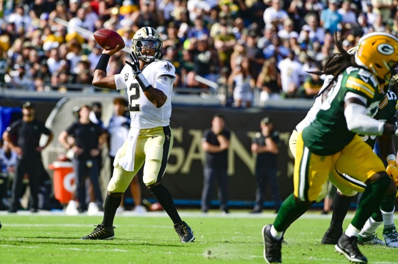 Sep 12, 2021; Jacksonville, Florida, USA;  New Orleans Saints quarterback Jameis Winston (2) throws from the pocket during the first quarter against the Green Bay Packers at TIAA Bank Field. Mandatory Credit: Tommy Gilligan-USA TODAY Sports