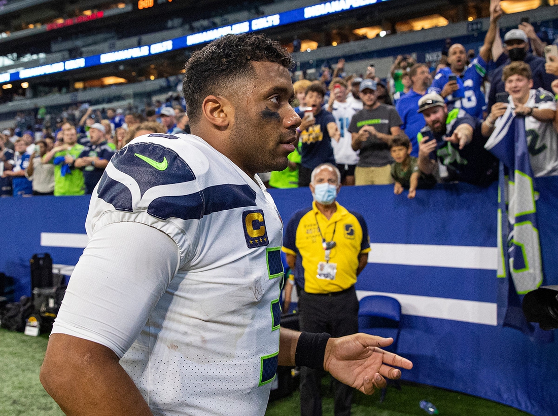 Seattle Seahawks quarterback Russell Wilson (3) leaves the field after facing the Indianapolis Colts on Sunday, Sept. 12, 2021, at Lucas Oil Stadium and Indianapolis. The Seahawks defeated the Colts, 28-16.

Indianapolis Colts And Seattle Seahawks On Nfl Week 1 At Lucas Oil Stadium Sunday Sept 12 2021