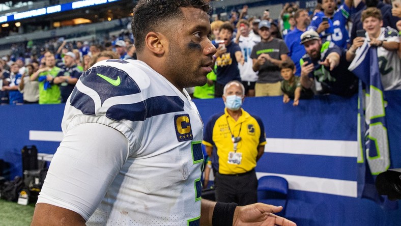 Seattle Seahawks quarterback Russell Wilson (3) leaves the field after facing the Indianapolis Colts on Sunday, Sept. 12, 2021, at Lucas Oil Stadium and Indianapolis. The Seahawks defeated the Colts, 28-16.

Indianapolis Colts And Seattle Seahawks On Nfl Week 1 At Lucas Oil Stadium Sunday Sept 12 2021