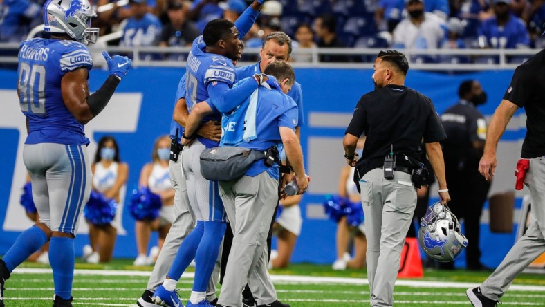 Lions cornerback Jeff Okudah walks off the field due to an injury during the second half of the 41-33 loss to the 49ers Sunday, Sept. 12, 2021.