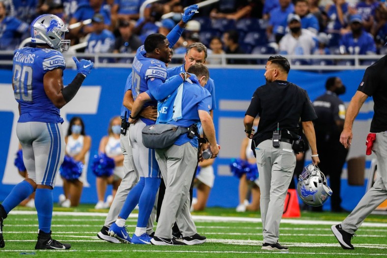 Lions cornerback Jeff Okudah walks off the field due to an injury during the second half of the 41-33 loss to the 49ers Sunday, Sept. 12, 2021.