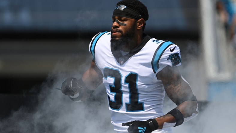 Sep 12, 2021; Charlotte, North Carolina, USA;  Carolina Panthers cornerback Juston Burris (31) runs on to the field at Bank of America Stadium. Mandatory Credit: Bob Donnan-USA TODAY Sports