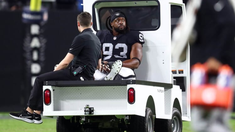 Sep 13, 2021; Paradise, Nevada, USA; Las Vegas Raiders defensive tackle Gerald McCoy (93) is taken to the locker room after suffering an apparent injury during the second half at Allegiant Stadium. Mandatory Credit: Mark J. Rebilas-USA TODAY Sports