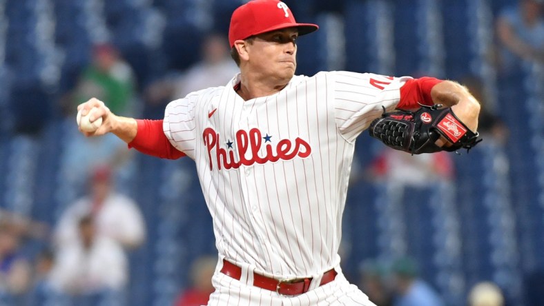 Sep 14, 2021; Philadelphia, Pennsylvania, USA; Philadelphia Phillies starting pitcher Kyle Gibson (44) throws against the Chicago Cubs during the first inning at Citizens Bank Park. Mandatory Credit: Eric Hartline-USA TODAY Sports