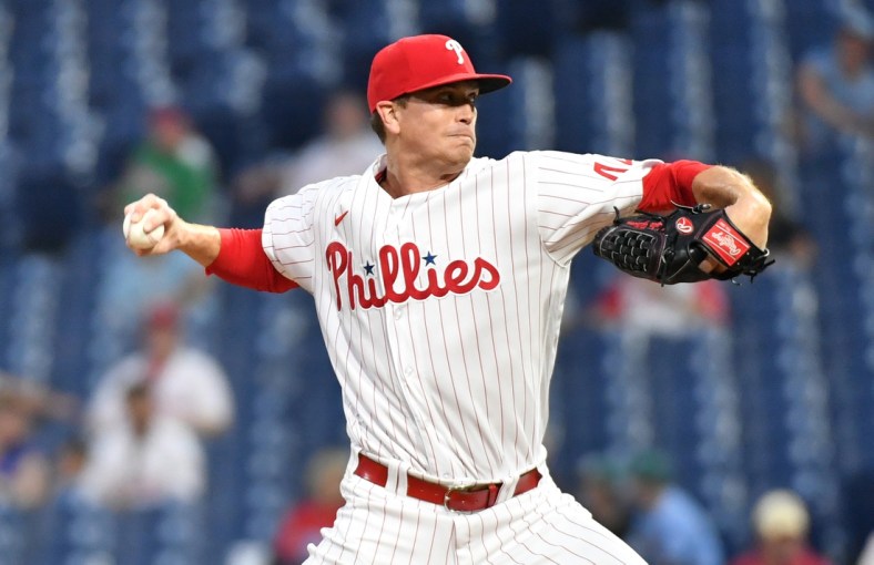Sep 14, 2021; Philadelphia, Pennsylvania, USA; Philadelphia Phillies starting pitcher Kyle Gibson (44) throws against the Chicago Cubs during the first inning at Citizens Bank Park. Mandatory Credit: Eric Hartline-USA TODAY Sports
