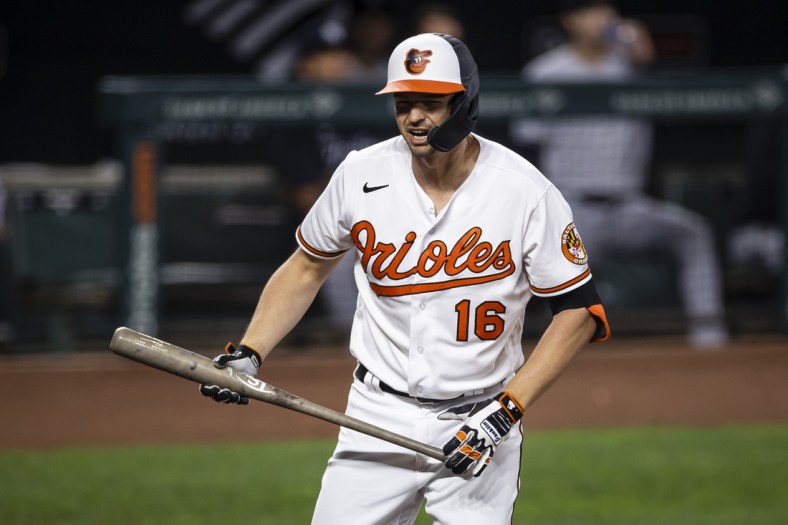 Sep 14, 2021; Baltimore, Maryland, USA; Baltimore Orioles designated hitter Trey Mancini (16) reacts after taking a strike against the New York Yankees during the first inning at Oriole Park at Camden Yards. Mandatory Credit: Scott Taetsch-USA TODAY Sports