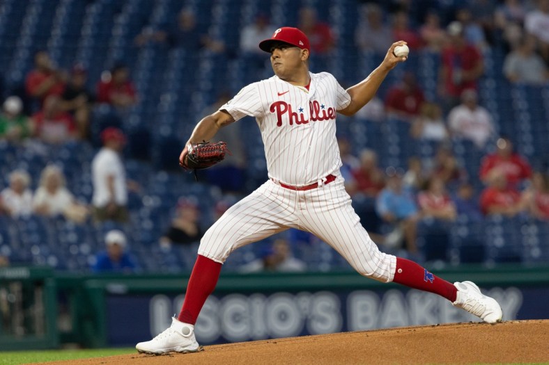 Sep 15, 2021; Philadelphia, Pennsylvania, USA; Philadelphia Phillies starting pitcher Ranger Suarez (55) throws a pitch during the first inning against the Chicago Cubs at Citizens Bank Park. Mandatory Credit: Bill Streicher-USA TODAY Sports
