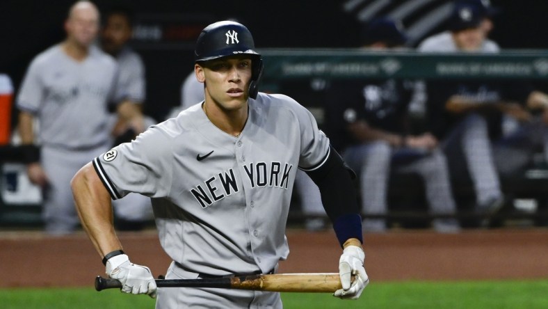 Sep 15, 2021; Baltimore, Maryland, USA;  New York Yankees right fielder Aaron Judge (99) looks down the line during a first inning at bat against the Baltimore Orioles at Oriole Park at Camden Yards. Mandatory Credit: Tommy Gilligan-USA TODAY Sports