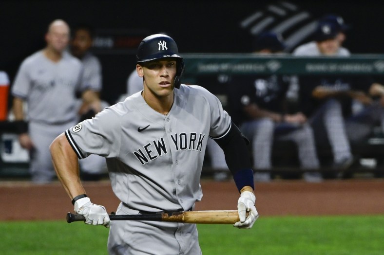 Sep 15, 2021; Baltimore, Maryland, USA;  New York Yankees right fielder Aaron Judge (99) looks down the line during a first inning at bat against the Baltimore Orioles at Oriole Park at Camden Yards. Mandatory Credit: Tommy Gilligan-USA TODAY Sports