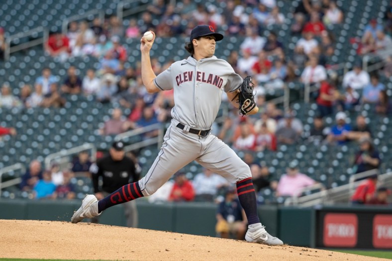 Sep 15, 2021; Minneapolis, Minnesota, USA; Cleveland Indians starting pitcher Cal Quantrill (47) delivers a pitch during the first inning against the Minnesota Twins at Target Field. Mandatory Credit: Jordan Johnson-USA TODAY Sports