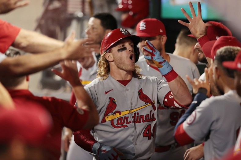 Sep 15, 2021; New York City, New York, USA; St. Louis Cardinals center fielder Harrison Bader (48) celebrates with teammates after hitting a home run fourth inning against the New York Mets at Citi Field. Mandatory Credit: Vincent Carchietta-USA TODAY Sports