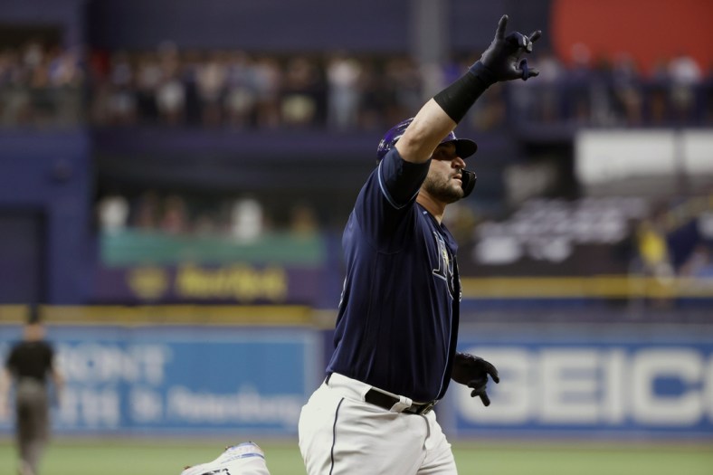 Sep 16, 2021; St. Petersburg, Florida, USA; Tampa Bay Rays catcher Mike Zunino (10) celebrates after hitting a two run home run against the Detroit Tigers during the sixth inning at Tropicana Field. Mandatory Credit: Kim Klement-USA TODAY Sports