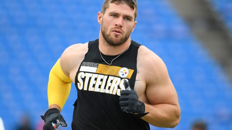 Sep 12, 2021; Orchard Park, New York, USA; Pittsburgh Steelers outside linebacker T.J. Watt (90) warms up prior to the game against the Buffalo Bills at Highmark Stadium. Mandatory Credit: Rich Barnes-USA TODAY Sports