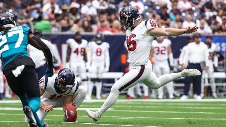 Sep 12, 2021; Houston, Texas, USA; Houston Texans kicker Joey Slye (16) attempts a field goal during the game against the Jacksonville Jaguars at NRG Stadium. Mandatory Credit: Troy Taormina-USA TODAY Sports