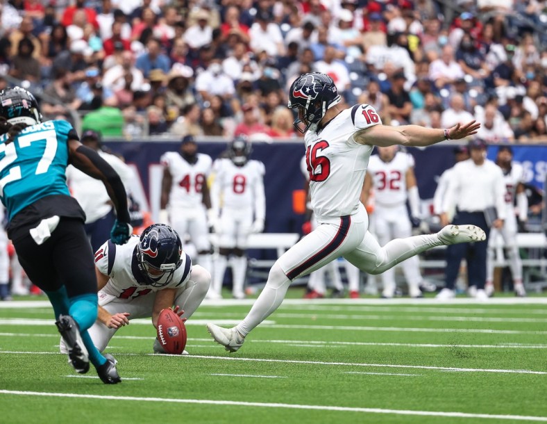 Sep 12, 2021; Houston, Texas, USA; Houston Texans kicker Joey Slye (16) attempts a field goal during the game against the Jacksonville Jaguars at NRG Stadium. Mandatory Credit: Troy Taormina-USA TODAY Sports