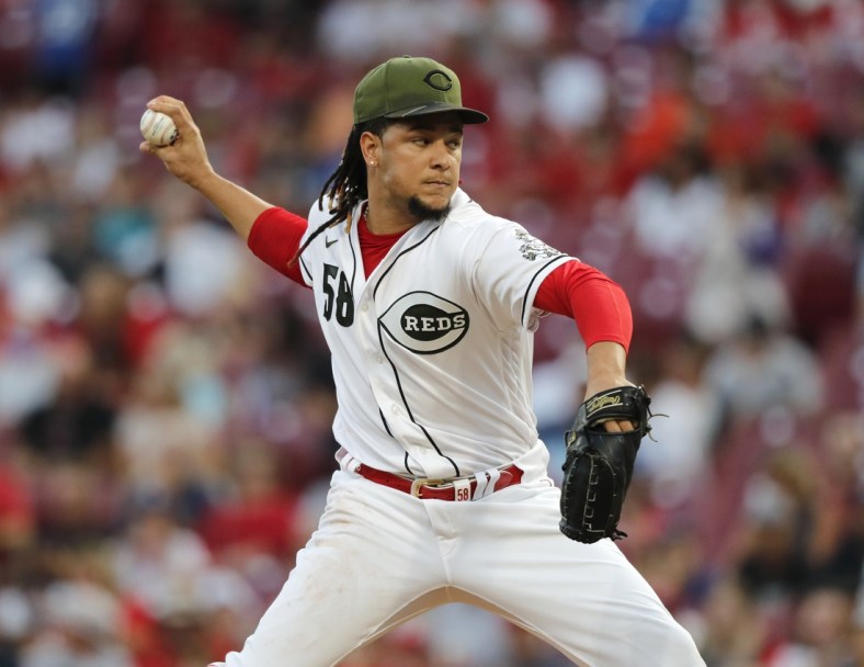 Sep 17, 2021; Cincinnati, Ohio, USA; Cincinnati Reds starting pitcher Luis Castillo (58) throws a pitch Los Angeles Dodgers during the first inning at Great American Ball Park. Mandatory Credit: David Kohl-USA TODAY Sports