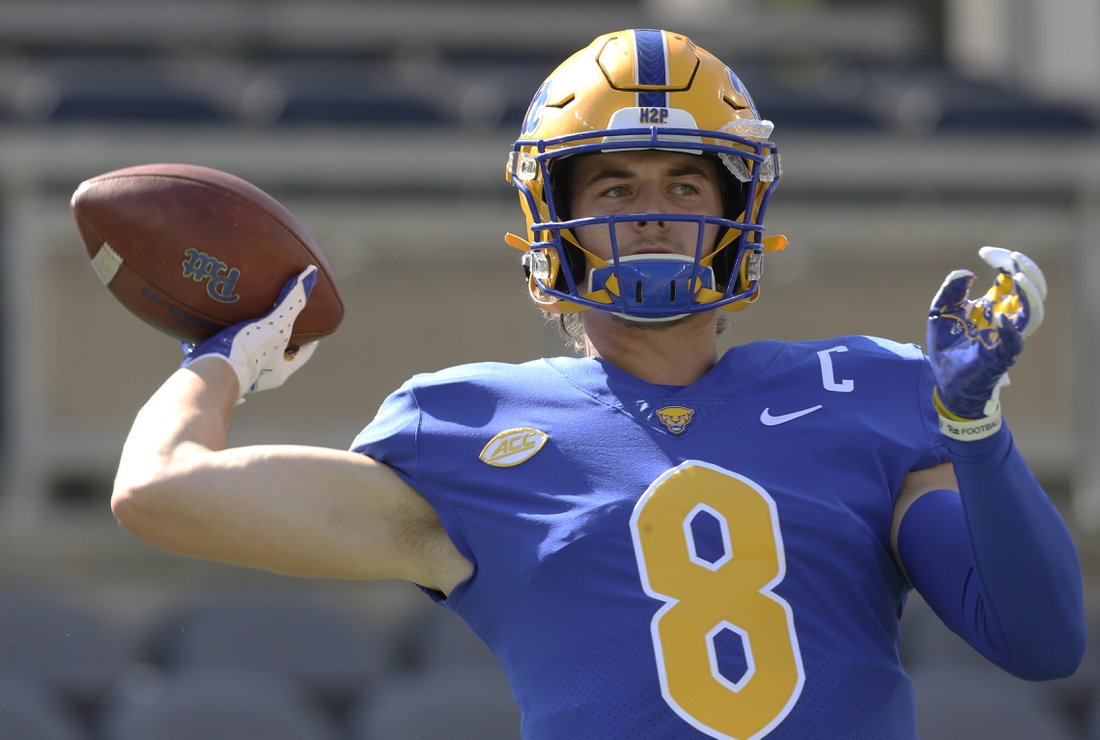 Sep 18, 2021; Pittsburgh, Pennsylvania, USA;  Pittsburgh Panthers quarterback Kenny Pickett (8) warms up before the game against the Western Michigan Broncos at Heinz Field. Mandatory Credit: Charles LeClaire-USA TODAY Sports