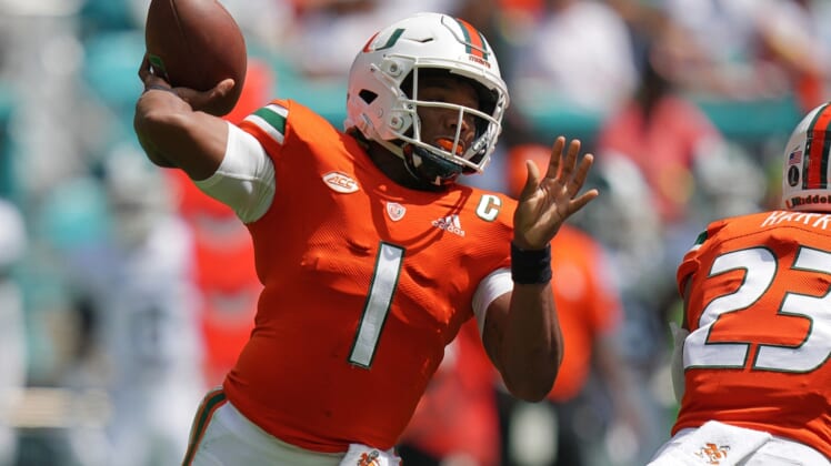 Sep 18, 2021; Miami Gardens, Florida, USA; Miami Hurricanes quarterback D'Eriq King (1) attempts a pass against the Michigan State Spartans during the first half at Hard Rock Stadium. Mandatory Credit: Jasen Vinlove-USA TODAY Sports