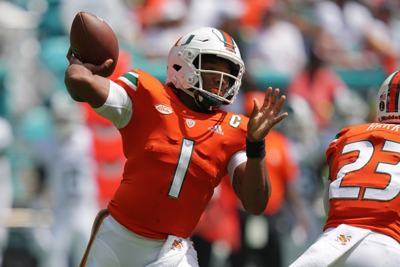 Sep 18, 2021; Miami Gardens, Florida, USA; Miami Hurricanes quarterback D'Eriq King (1) attempts a pass against the Michigan State Spartans during the first half at Hard Rock Stadium. Mandatory Credit: Jasen Vinlove-USA TODAY Sports