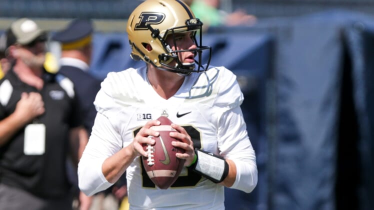 Purdue quarterback Jack Plummer (13) warms up prior to the start of an NCAA football game between the Notre Dame Fighting Irish and the Purdue Boilermakers, Saturday, Sept. 18, 2021 at Notre Dame Stadium in South Bend.Purdue Vs Notre Dame Warmups