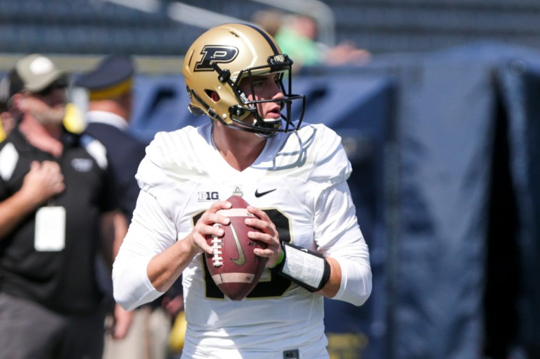 Purdue quarterback Jack Plummer (13) warms up prior to the start of an NCAA football game between the Notre Dame Fighting Irish and the Purdue Boilermakers, Saturday, Sept. 18, 2021 at Notre Dame Stadium in South Bend.

Purdue Vs Notre Dame Warmups