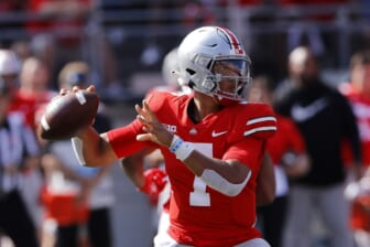 Sep 18, 2021; Columbus, Ohio, USA; Ohio State Buckeyes quarterback C.J. Stroud (7) throws a pass during the first quarter against the Tulsa Golden Hurricane at Ohio Stadium. Mandatory Credit: Joseph Maiorana-USA TODAY Sports