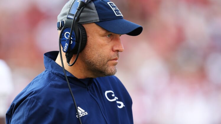 Sep 18, 2021; Fayetteville, Arkansas, USA; Georgia Southern Eagles head coach Chad Lunsford during the second quarter against the Arkansas Razorbacks at Donald W. Reynolds Razorback Stadium. Mandatory Credit: Nelson Chenault-USA TODAY Sports