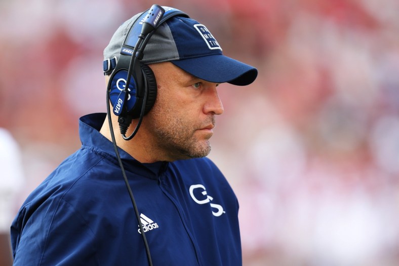 Sep 18, 2021; Fayetteville, Arkansas, USA; Georgia Southern Eagles head coach Chad Lunsford during the second quarter against the Arkansas Razorbacks at Donald W. Reynolds Razorback Stadium. Mandatory Credit: Nelson Chenault-USA TODAY Sports