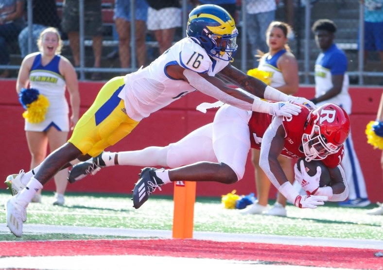 Delaware defensive back Nijuel Hill (16) can't stop Rutgers' Brandon Sanders on a second quarter touchdown reception at SHI Stadium in Piscataway, NJ, Saturday, Sept. 18, 2021.

Ud At Rutgers