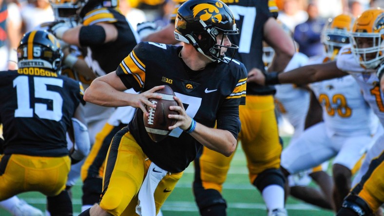 Sep 18, 2021; Iowa City, Iowa, USA; Iowa Hawkeyes quarterback Spencer Petras (7) in action during the third quarter against the Kent State Golden Flashes at Kinnick Stadium. Mandatory Credit: Jeffrey Becker-USA TODAY Sports