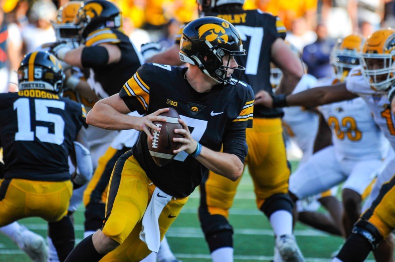 Sep 18, 2021; Iowa City, Iowa, USA; Iowa Hawkeyes quarterback Spencer Petras (7) in action during the third quarter against the Kent State Golden Flashes at Kinnick Stadium. Mandatory Credit: Jeffrey Becker-USA TODAY Sports