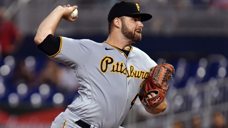 Sep 18, 2021; Miami, Florida, USA; Pittsburgh Pirates pitcher Bryse Wilson (48) delivers against the Miami Marlins during the second inning at loanDepot Park. Mandatory Credit: Jim Rassol-USA TODAY Sports