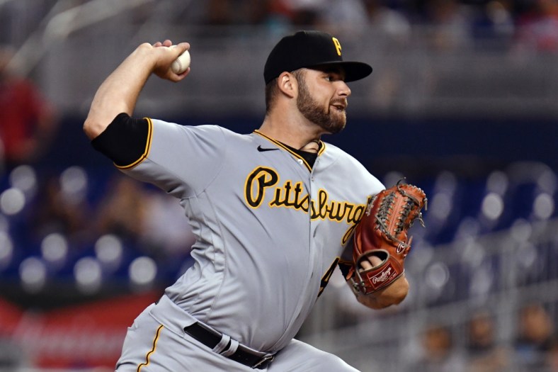 Sep 18, 2021; Miami, Florida, USA; Pittsburgh Pirates pitcher Bryse Wilson (48) delivers against the Miami Marlins during the second inning at loanDepot Park. Mandatory Credit: Jim Rassol-USA TODAY Sports