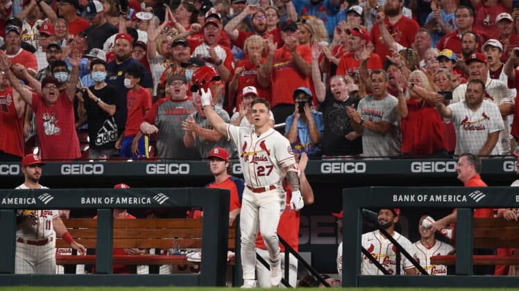 Sep 18, 2021; St. Louis, Missouri, USA; St. Louis Cardinals left fielder Tyler O'Neill (27) acknowledges fans after hitting a two-run home run against the San Diego Padres during the eighth inning at Busch Stadium. Mandatory Credit: Joe Puetz-USA TODAY Sports