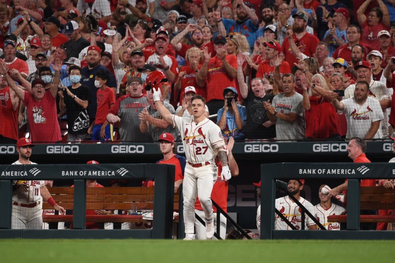 Sep 18, 2021; St. Louis, Missouri, USA; St. Louis Cardinals left fielder Tyler O'Neill (27) acknowledges fans after hitting a two-run home run against the San Diego Padres during the eighth inning at Busch Stadium. Mandatory Credit: Joe Puetz-USA TODAY Sports