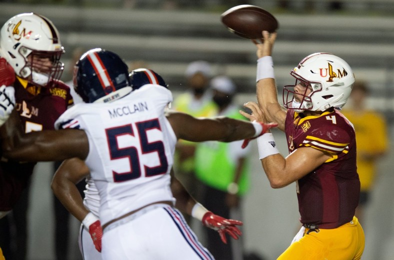 University of Louisiana-Monroe's Rhett Rodriguez throws a pass during their game against Jackson State University at Malone Stadium in Monroe, La., Saturday, Sept. 18, 2021.

Tcl Jsuvulm10