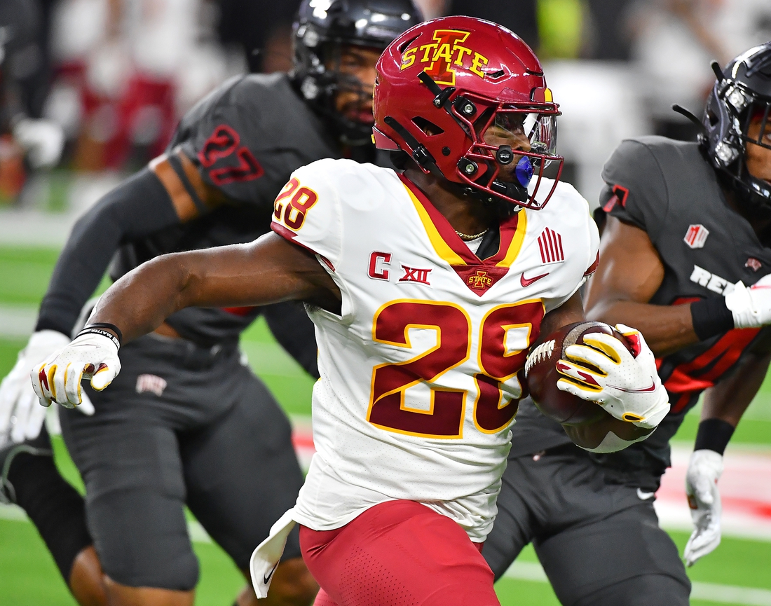 Sep 18, 2021; Paradise, Nevada, USA; Iowa State Cyclones running back Breece Hall (28) carries the ball against the UNLV Rebels during the first quarter at Allegiant Stadium. Mandatory Credit: Stephen R. Sylvanie-USA TODAY Sports