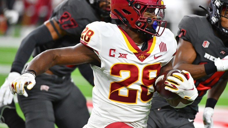 Sep 18, 2021; Paradise, Nevada, USA; Iowa State Cyclones running back Breece Hall (28) carries the ball against the UNLV Rebels during the first quarter at Allegiant Stadium. Mandatory Credit: Stephen R. Sylvanie-USA TODAY Sports