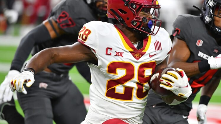 Sep 18, 2021; Paradise, Nevada, USA; Iowa State Cyclones running back Breece Hall (28) carries the ball against the UNLV Rebels during the first quarter at Allegiant Stadium. Mandatory Credit: Stephen R. Sylvanie-USA TODAY Sports