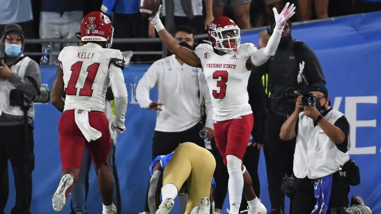 Sep 18, 2021; Pasadena, California, USA; Fresno State Bulldogs wide receiver Erik Brooks (3) celebrate after making a catch for a touchdown against the UCLA Bruins in the fourth quarter Rose Bowl. Mandatory Credit: Richard Mackson-USA TODAY Sports