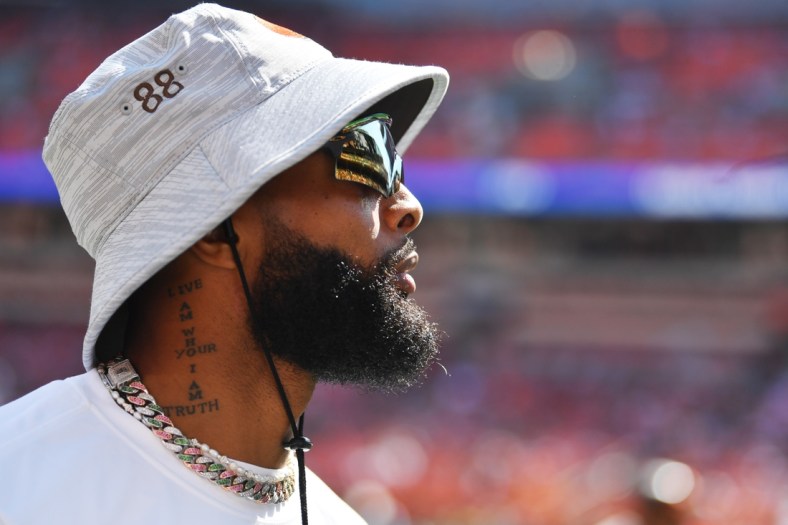 Sep 19, 2021; Cleveland, Ohio, USA; Cleveland Browns wide receiver Odell Beckham Jr. (13) looks on as the team warms up before the game between the Cleveland Browns and the Houston Texans at FirstEnergy Stadium. Mandatory Credit: Ken Blaze-USA TODAY Sports