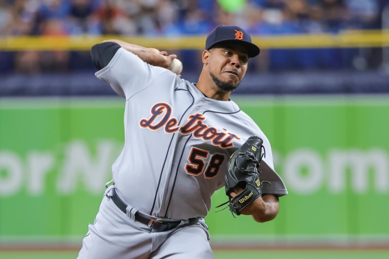Sep 19, 2021; St. Petersburg, Florida, USA; Detroit Tigers relief pitcher Wily Peralta (58) throws a pitch during the first inning against the Tampa Bay Rays at Tropicana Field. Mandatory Credit: Mike Watters-USA TODAY Sports