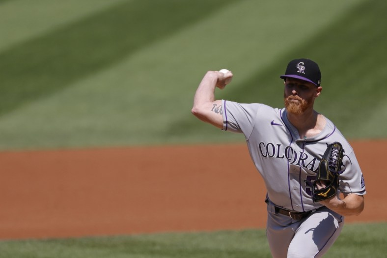 Sep 19, 2021; Washington, District of Columbia, USA; Colorado Rockies starting pitcher Jon Gray (55) pitches against the Washington Nationals during the first inning at Nationals Park. Mandatory Credit: Geoff Burke-USA TODAY Sports