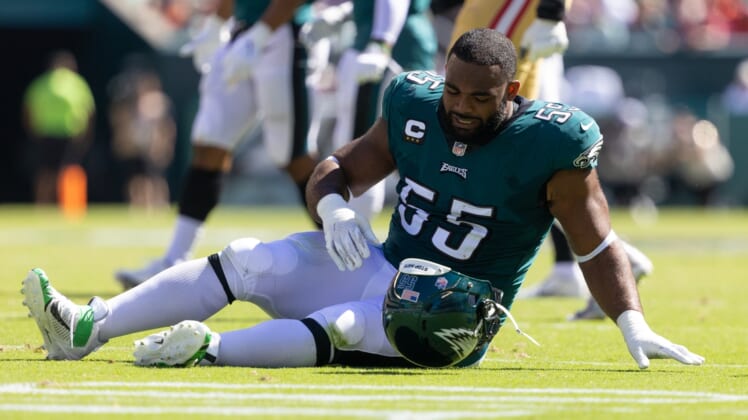 Sep 19, 2021; Philadelphia, Pennsylvania, USA; Philadelphia Eagles defensive end Brandon Graham (55) takes off his helmet after being injured during the second quarter against the San Francisco 49ers at Lincoln Financial Field. Mandatory Credit: Bill Streicher-USA TODAY Sports