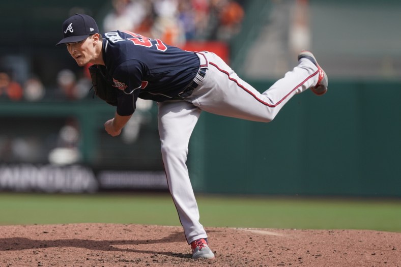 Sep 19, 2021; San Francisco, California, USA; Atlanta Braves starting pitcher Max Fried (54) throws a pitch during the third inning against the San Francisco Giants at Oracle Park. Mandatory Credit: Darren Yamashita-USA TODAY Sports
