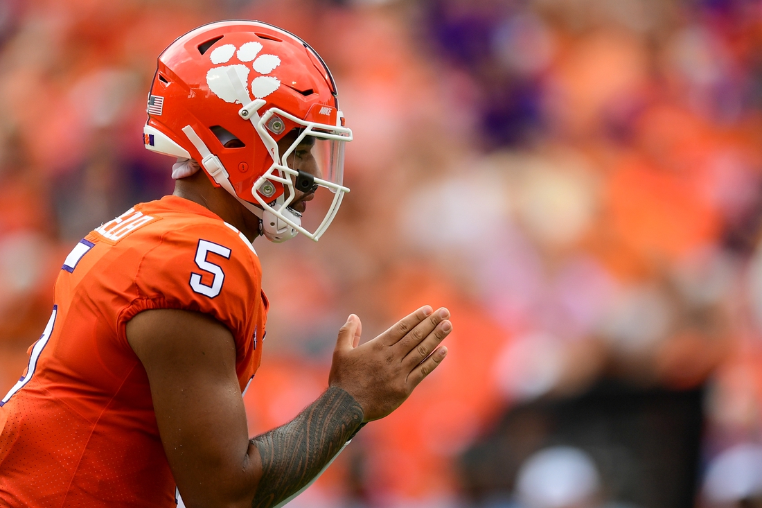 Sep 18, 2021; Clemson, South Carolina, USA; Clemson Tigers quarterback D.J. Uiagalelei (5) waits for the snap against the Georgia Tech Yellow Jackets during the second quarter at Memorial Stadium. Mandatory Credit: Adam Hagy-USA TODAY Sports