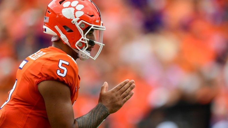 Sep 18, 2021; Clemson, South Carolina, USA; Clemson Tigers quarterback D.J. Uiagalelei (5) waits for the snap against the Georgia Tech Yellow Jackets during the second quarter at Memorial Stadium. Mandatory Credit: Adam Hagy-USA TODAY Sports